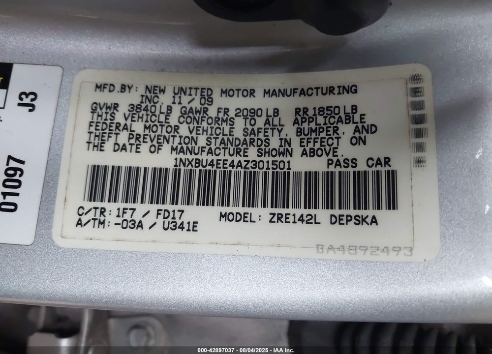 2010 TOYOTA COROLLA VIN: 1NXBU4EE4AZ301501