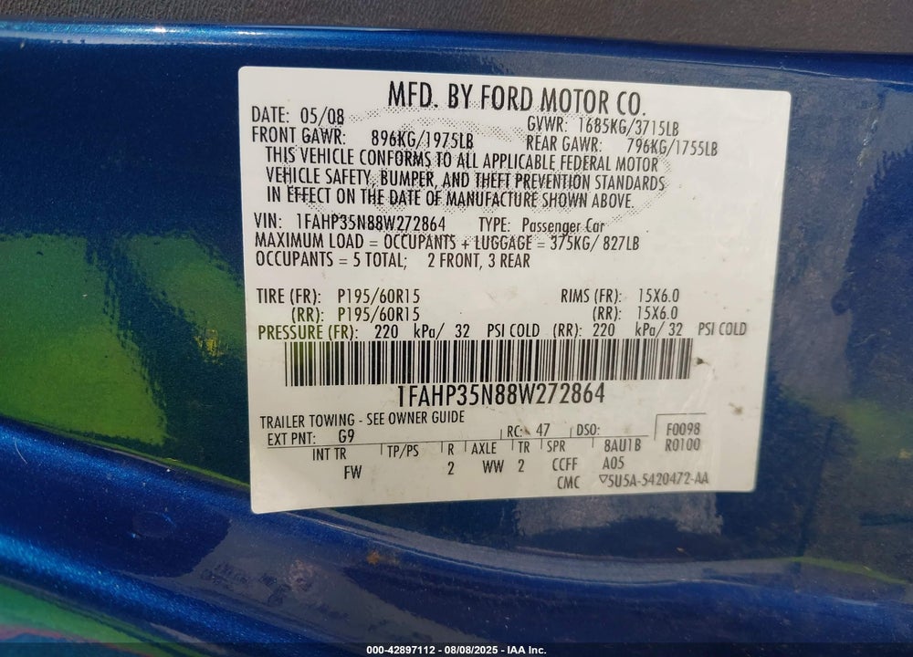 2008 FORD FOCUS SE/SES VIN: 1FAHP35N88W272864