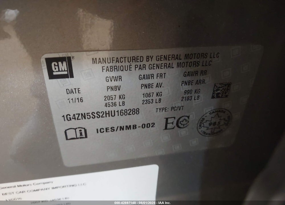 2017 BUICK LACROSSE VIN: 1G4ZN5SS2HU168288