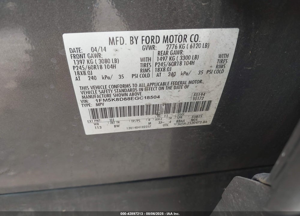 2014 FORD EXPLORER VIN: 1FM5K8D88EGC18504