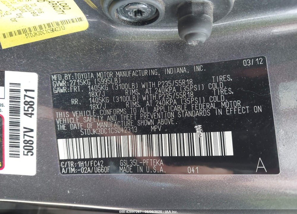 2012 TOYOTA SIENNA LE 7 PASSENGER VIN: 5TDJK3DC1CS042313