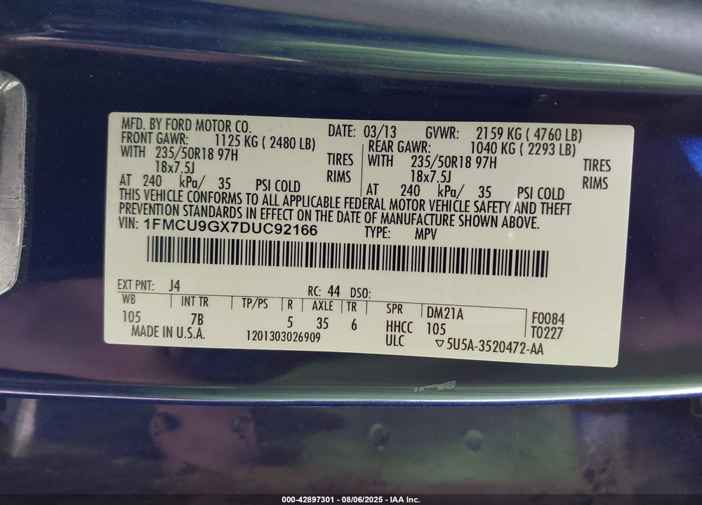 2013 FORD ESCAPE VIN: 1FMCU9GX7DUC92166