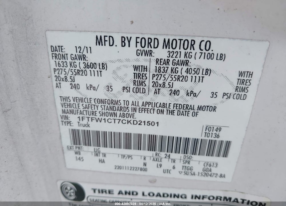 2012 FORD F-150 VIN: 1FTFW1CT7CKD21501