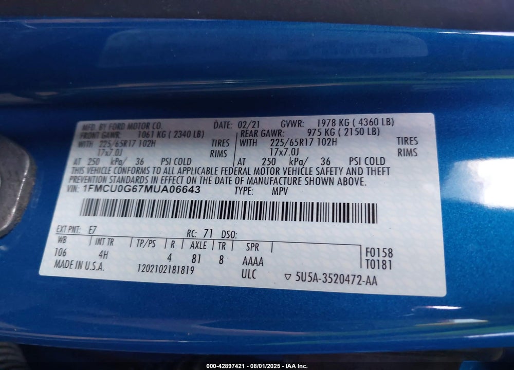 2021 FORD ESCAPE SE VIN: 1FMCU0G67MUA06643