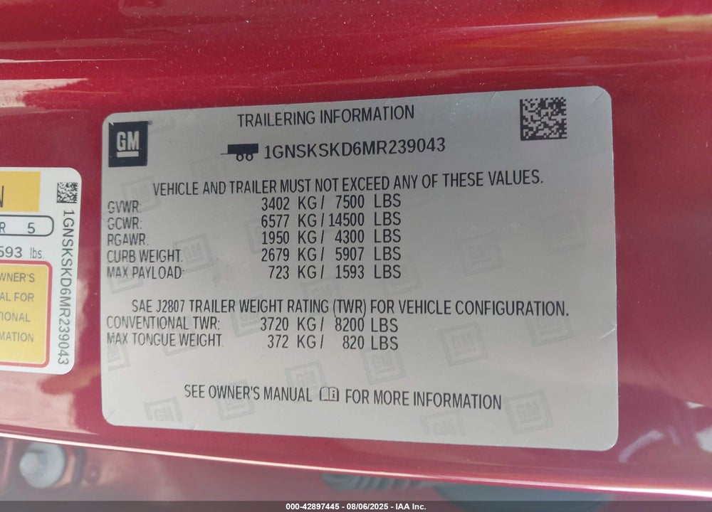 2021 CHEVROLET TAHOE VIN: 1GNSKSKD6MR239043