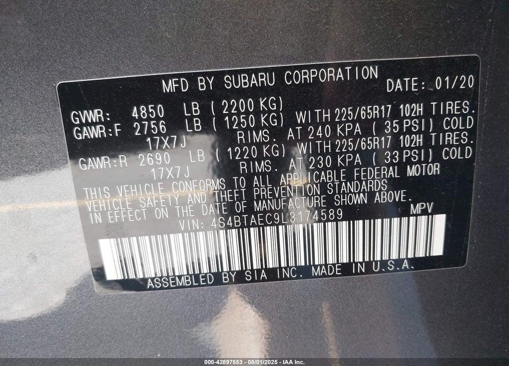2020 SUBARU OUTBACK VIN: 4S4BTAEC9L3174589