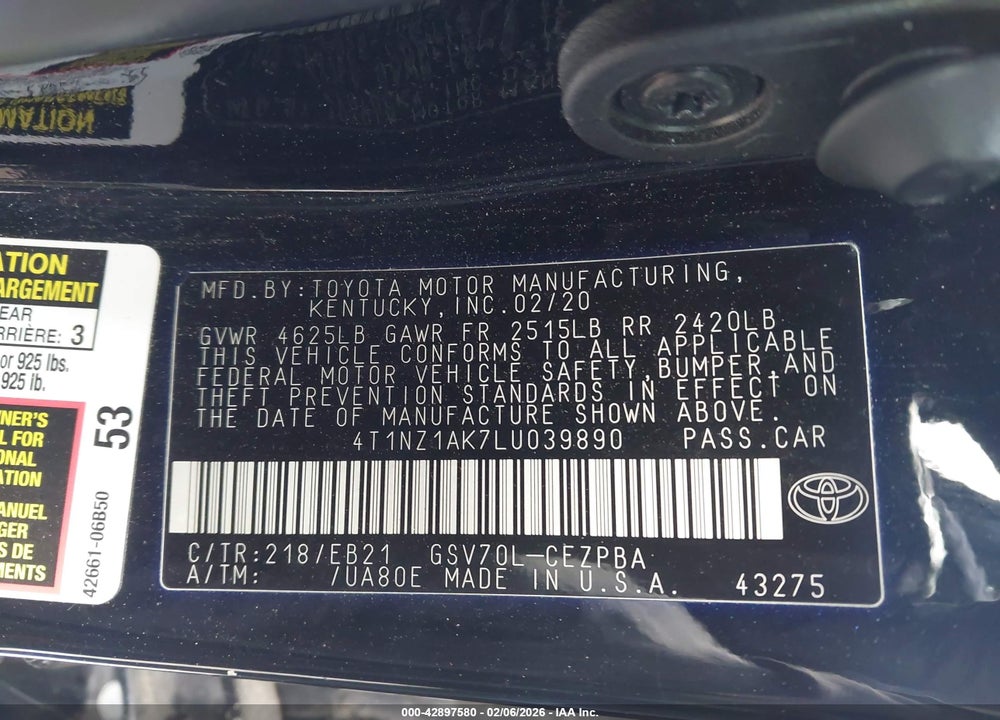 2020 TOYOTA CAMRY TRD VIN: 4T1NZ1AK7LU039890