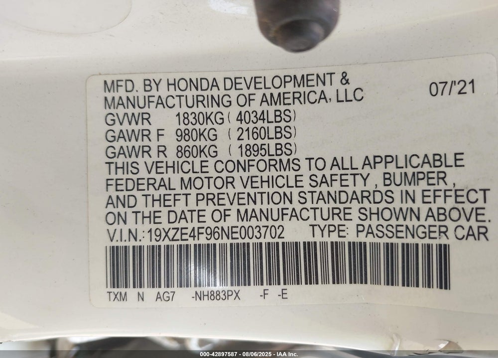 2022 HONDA INSIGHT VIN: 19XZE4F96NE003702
