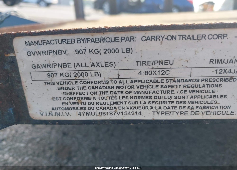 2007 CARRY ON 5X8 UTILITY TRAILER VIN: 4YMUL08187V154214