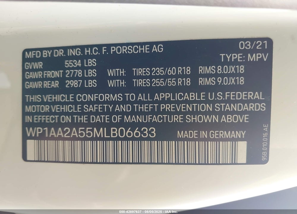 2021 PORSCHE MACAN VIN: WP1AA2A55MLB06633