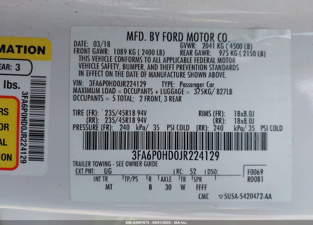2018 FORD FUSION VIN: 3FA6P0HD0JR224129