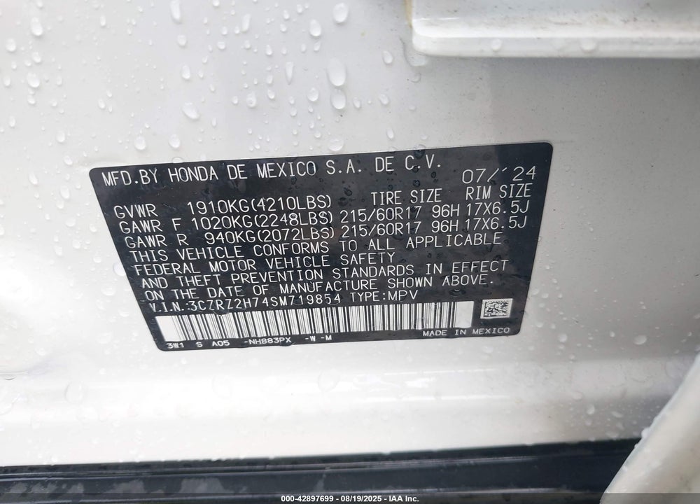 2025 HONDA HR-V AWD EX-L VIN: 3CZRZ2H74SM719854