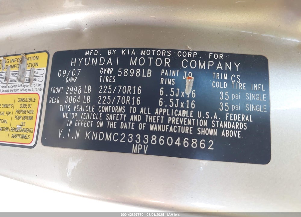 2008 HYUNDAI ENTOURAGE VIN: KNDMC233386046862