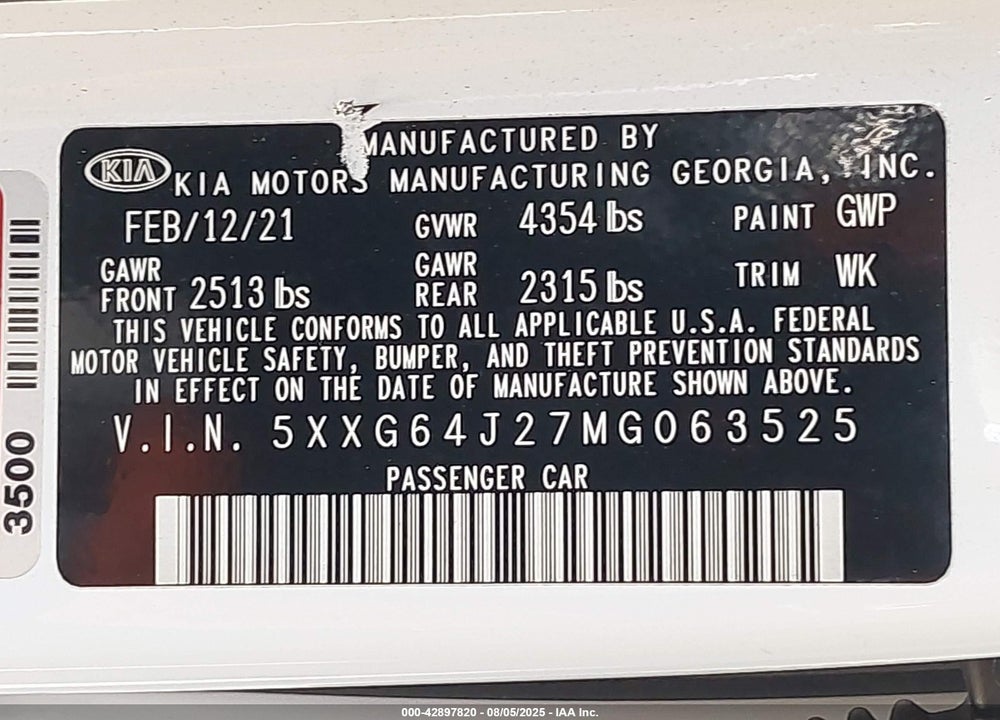 2021 KIA K5 VIN: 5XXG64J27MG063525