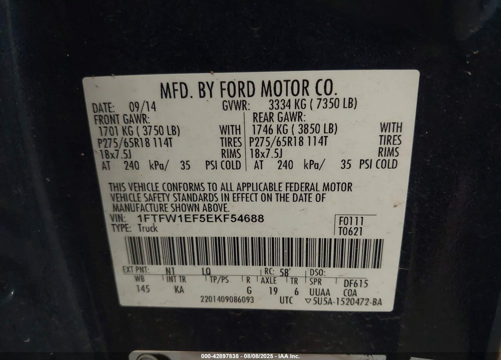 2014 FORD F-150 VIN: 1FTFW1EF5EKF54688