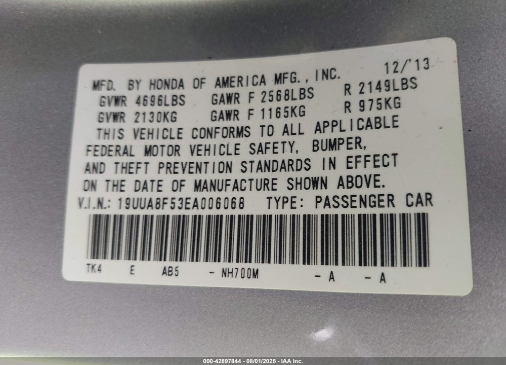 2014 ACURA TL VIN: 19UUA8F53EA006068