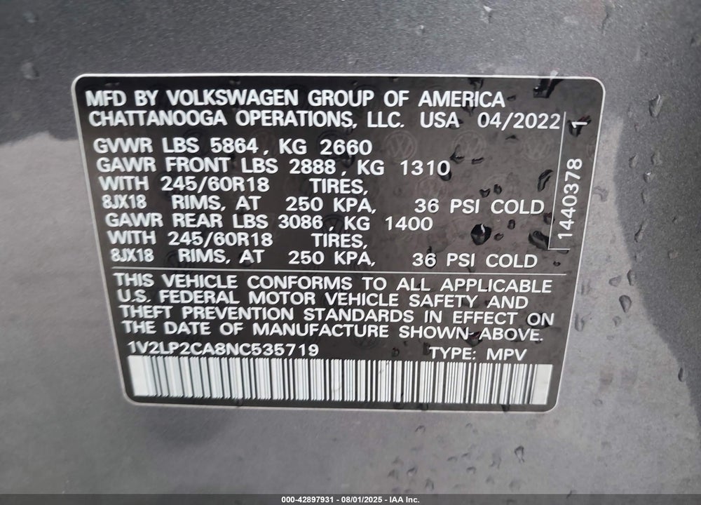 2022 VOLKSWAGEN ATLAS 2.0T SE VIN: 1V2LP2CA8NC535719