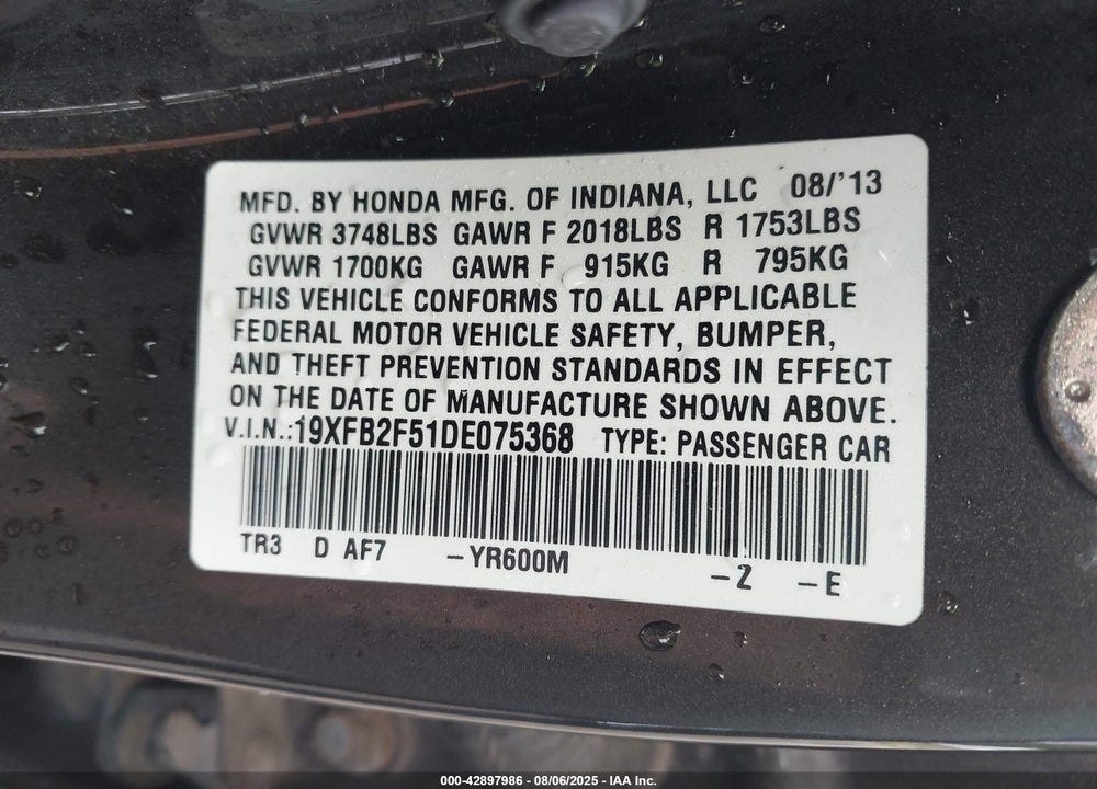 2013 HONDA CIVIC LX VIN: 19XFB2F51DE075368