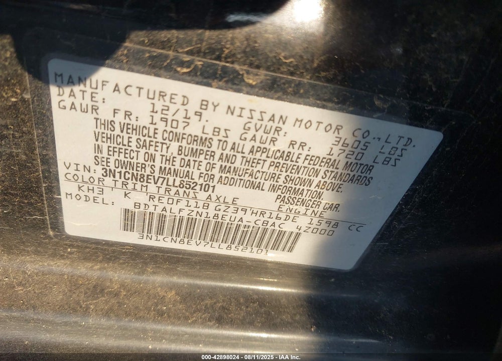 2020 NISSAN VERSA SV XTRONIC CVT VIN: 3N1CN8EV7LL852101