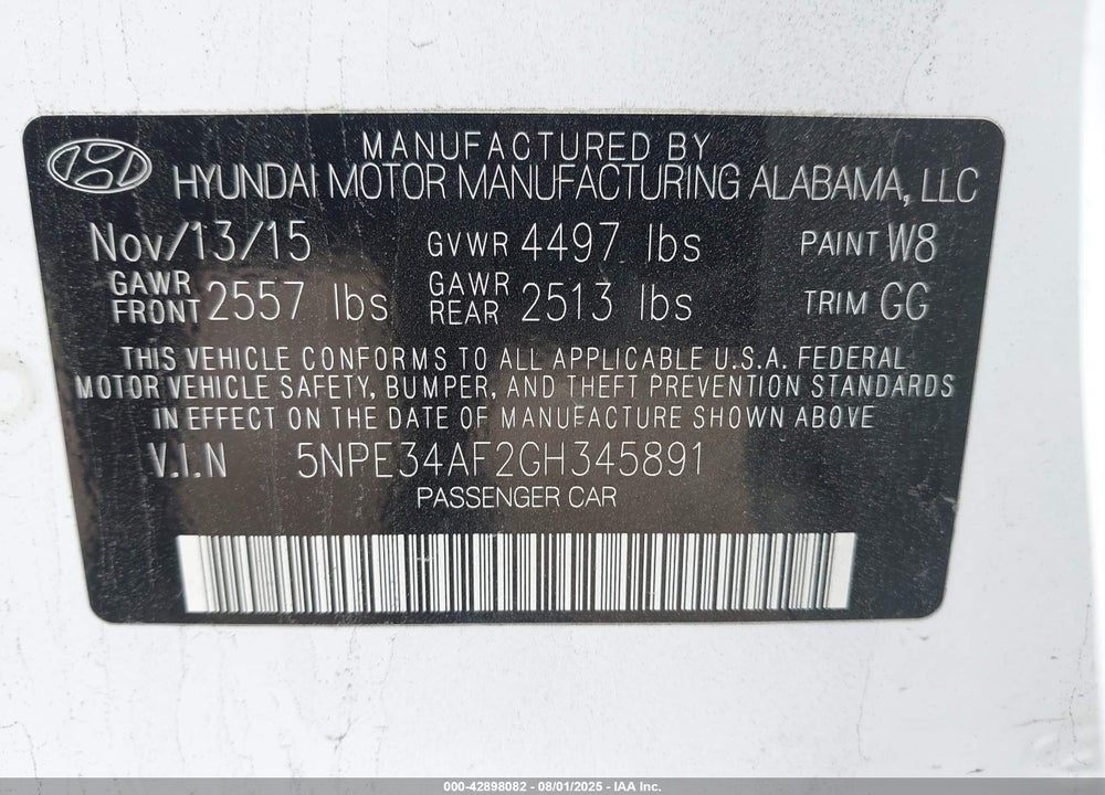 2016 HYUNDAI SONATA VIN: 5NPE34AF2GH345891