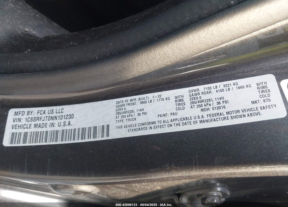 2022 RAM 1500 VIN: 1C6SRFJT0NN101230