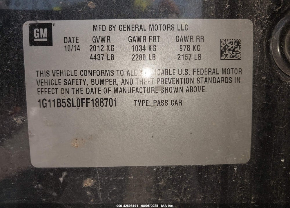 2015 CHEVROLET MALIBU VIN: 1G11B5SL0FF188701