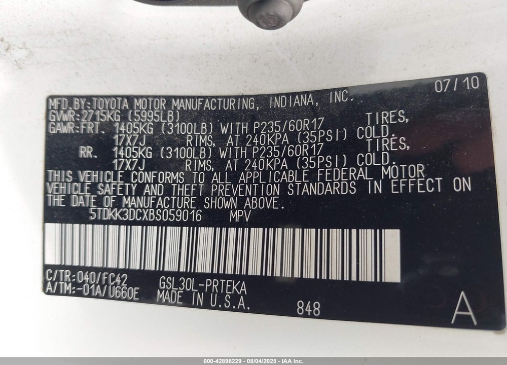 2011 TOYOTA SIENNA LE V6 VIN: 5TDKK3DCXBS059016