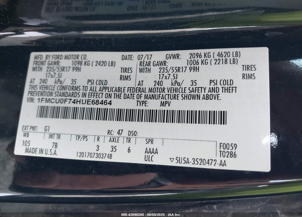 2017 FORD ESCAPE VIN: 1FMCU0F74HUE68464