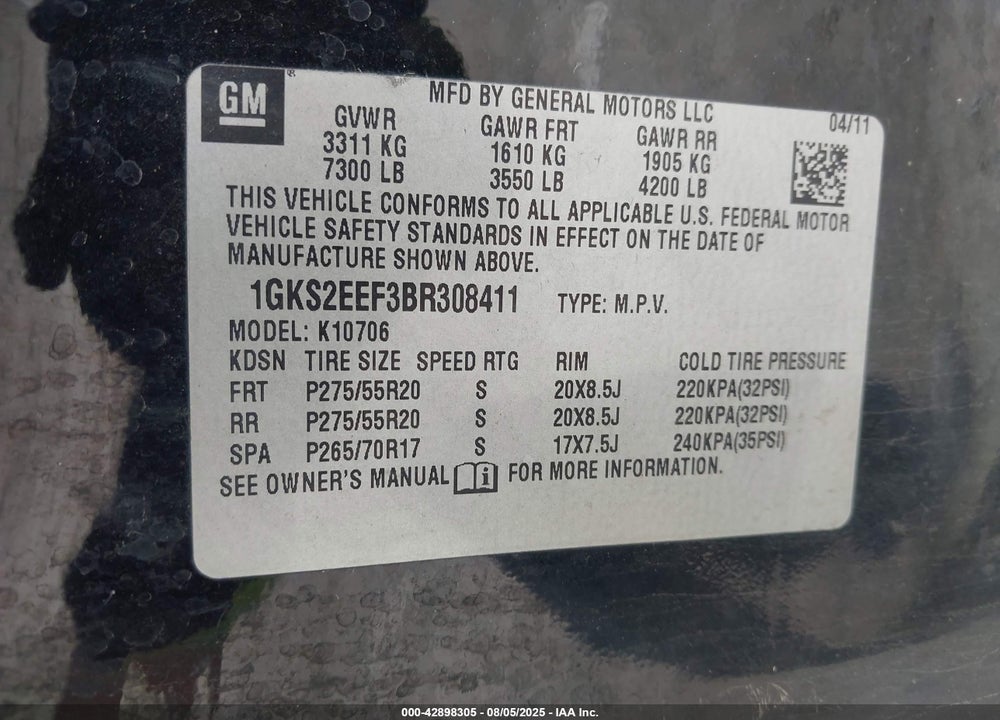 2011 GMC YUKON VIN: 1GKS2EEF3BR308411