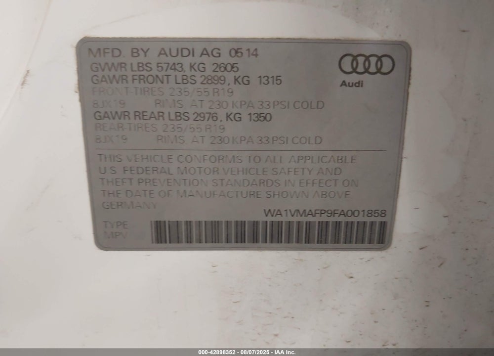 2015 AUDI Q5 VIN: WA1VMAFP9FA001858