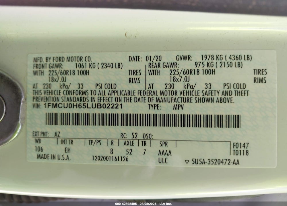 2020 FORD ESCAPE VIN: 1FMCU0H65LUB02221