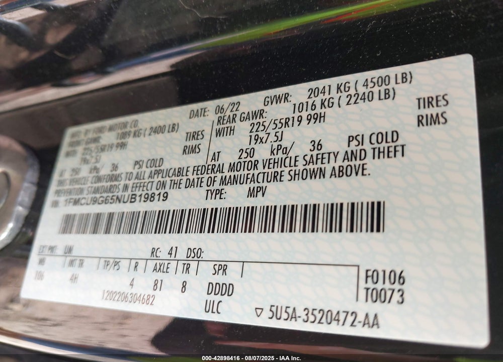 2022 FORD ESCAPE VIN: 1FMCU9G65NUB19819