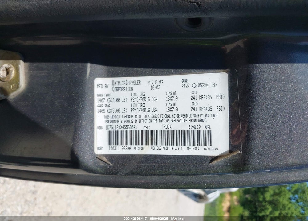 2004 DODGE DAKOTA VIN: 1D7GL12KX4S568041