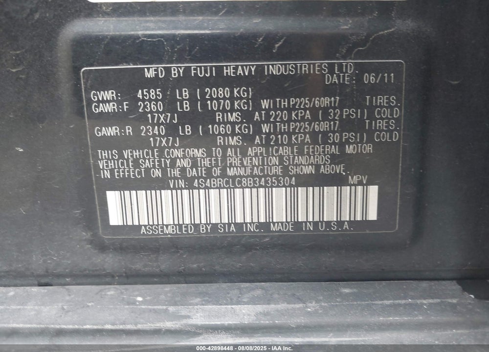 2011 SUBARU OUTBACK VIN: 4S4BRCLC8B3435304