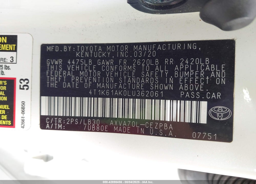2020 TOYOTA CAMRY VIN: 4T1K61AK0LU362061