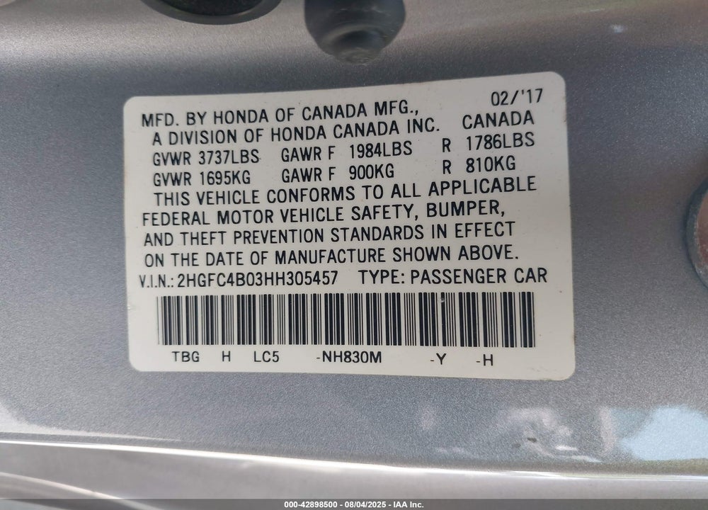 2017 HONDA CIVIC VIN: 2HGFC4B03HH305457