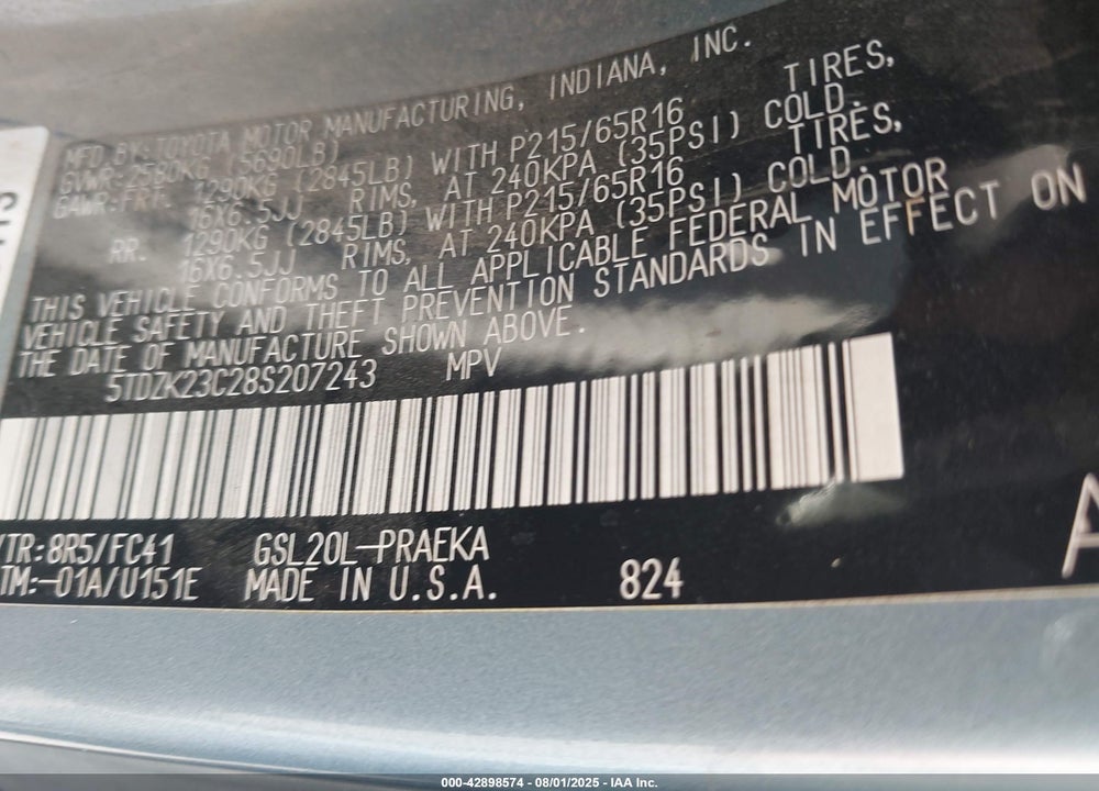 2008 TOYOTA SIENNA VIN: 5TDZK23C28S207243