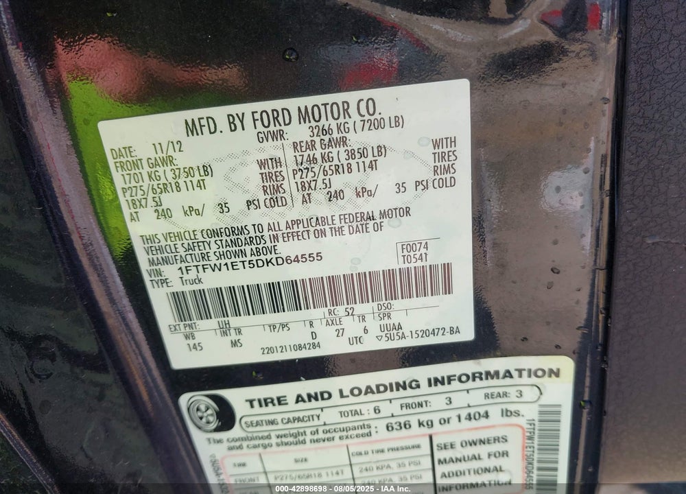 2013 FORD F-150 XLT VIN: 1FTFW1ET5DKD64555
