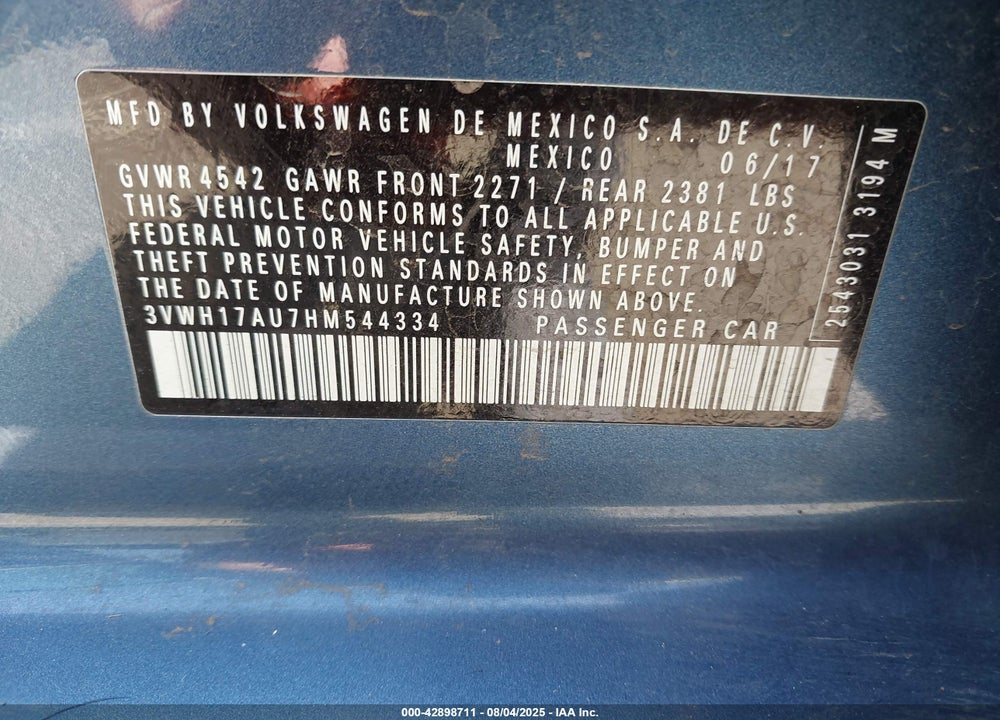 2017 VOLKSWAGEN GOLF ALLTRACK VIN: 3VWH17AU7HM544334