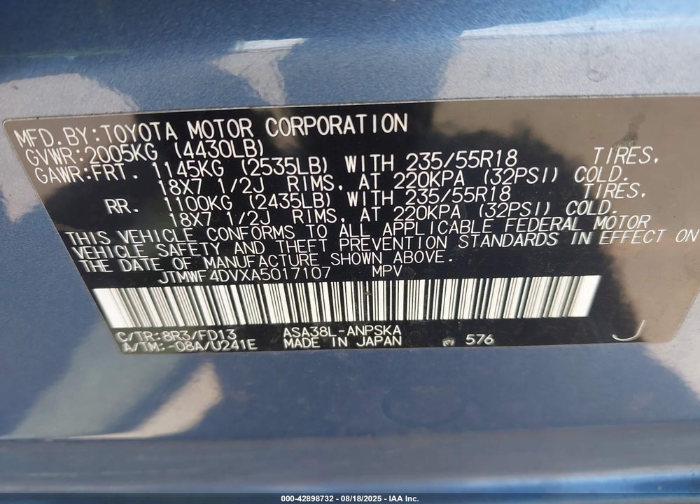 2010 TOYOTA RAV4 SPORT VIN: JTMWF4DVXA5017107