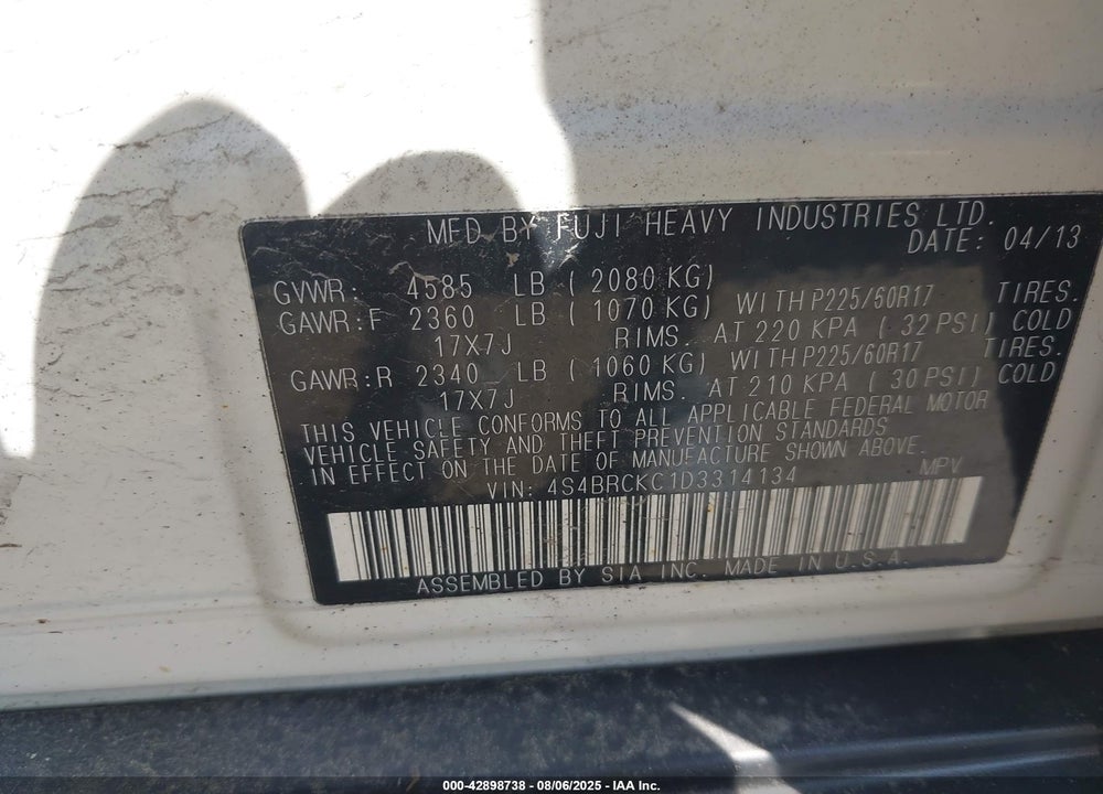 2013 SUBARU OUTBACK VIN: 4S4BRCKC1D3314134