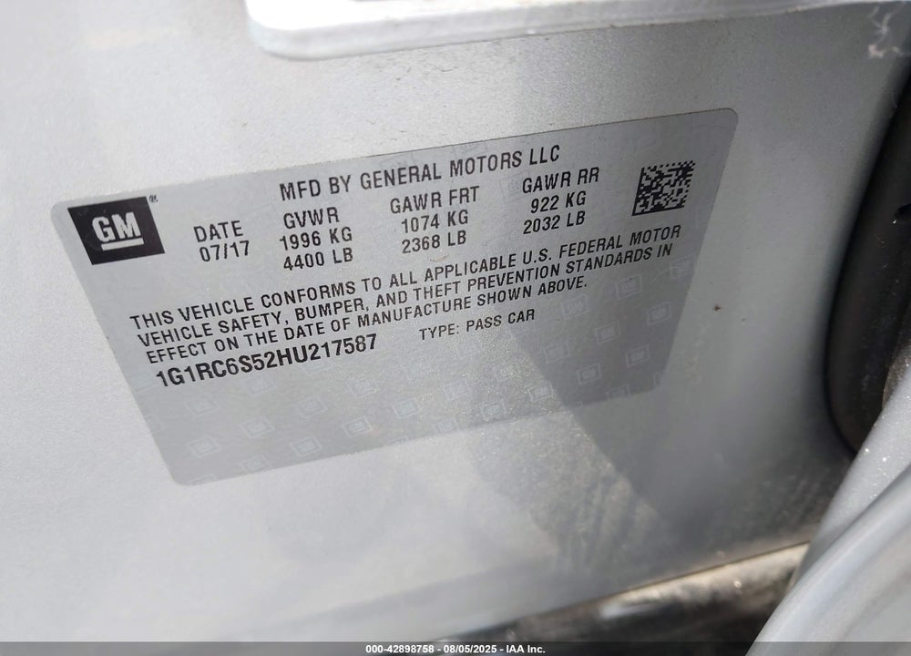 2017 CHEVROLET VOLT VIN: 1G1RC6S52HU217587