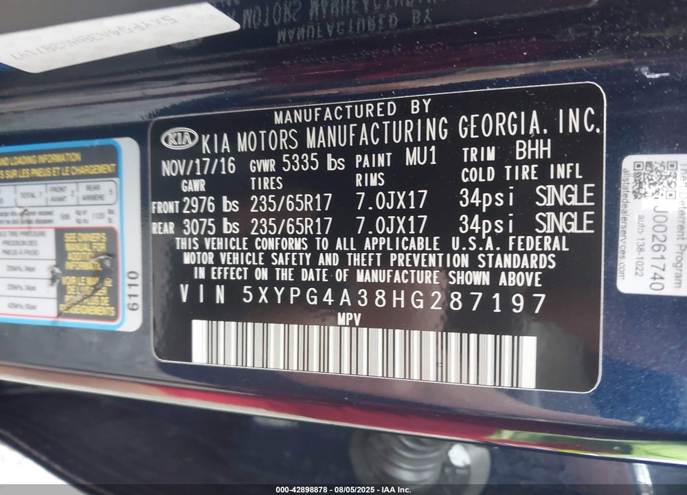 2017 KIA SORENTO VIN: 5XYPG4A38HG287197
