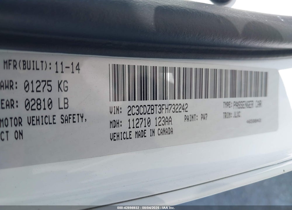 2015 DODGE CHALLENGER VIN: 2C3CDZBT3FH732242