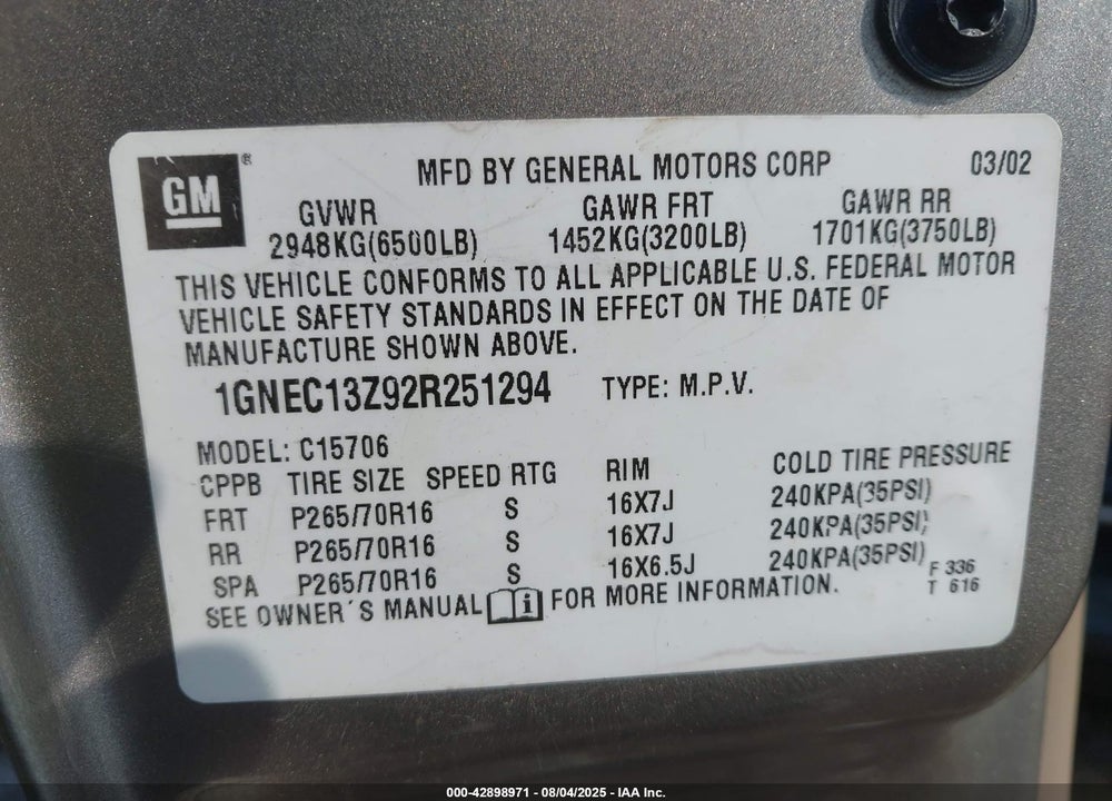 2002 CHEVROLET TAHOE LS VIN: 1GNEC13Z92R251294