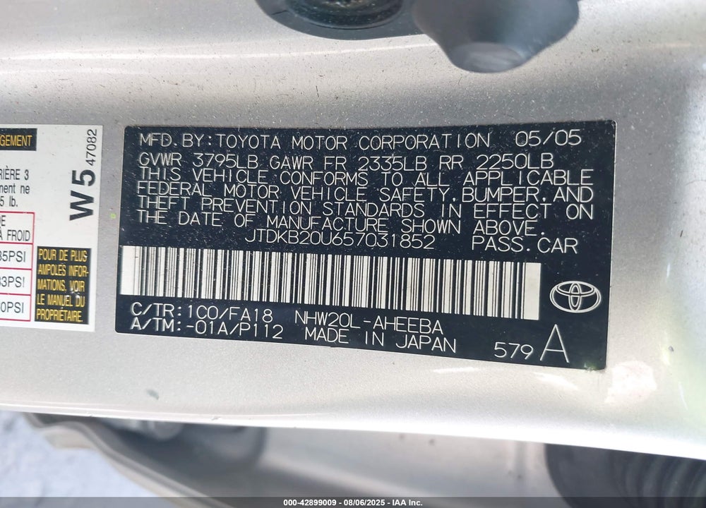 2005 TOYOTA PRIUS VIN: JTDKB20U657031852