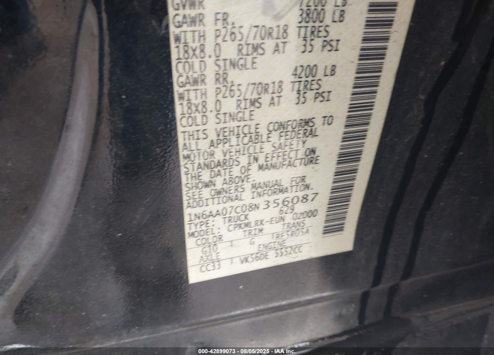 2008 NISSAN TITAN VIN: 1N6AA07C08N356087