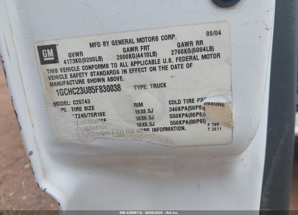 2005 CHEVROLET SILVERADO 2500HD WORK TRUCK VIN: 1GCHC23U85F830038