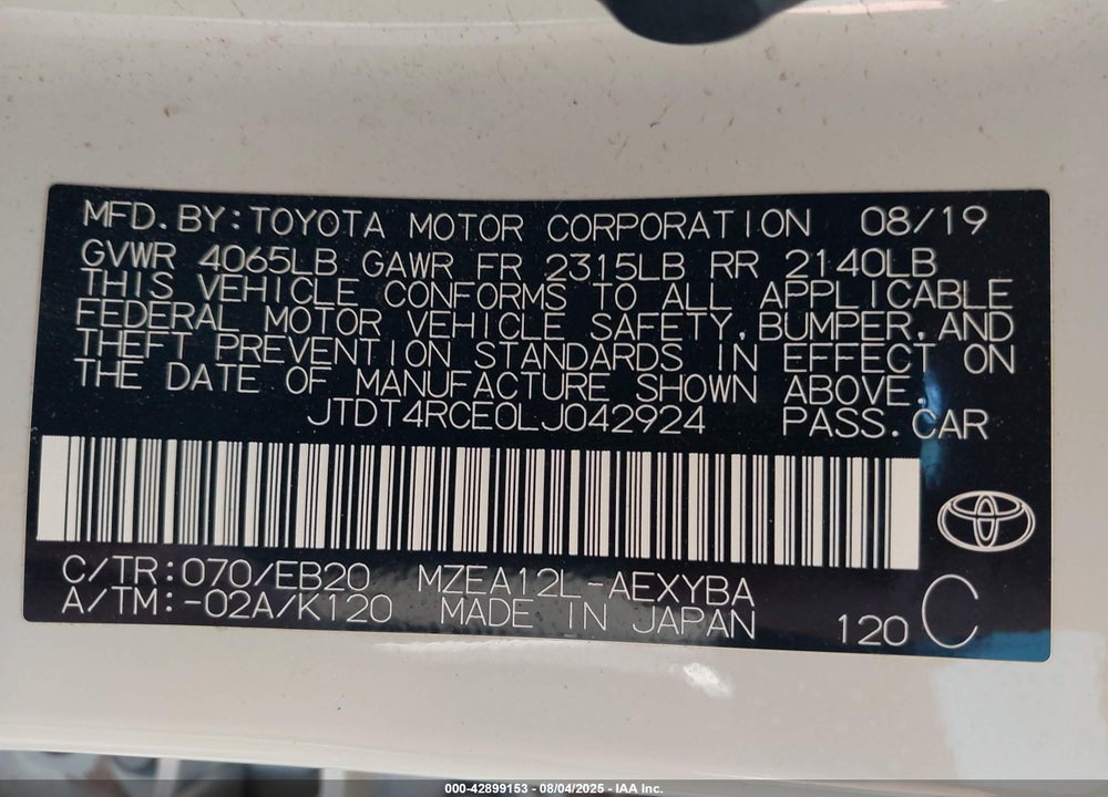2020 TOYOTA COROLLA VIN: JTDT4RCE0LJ042924