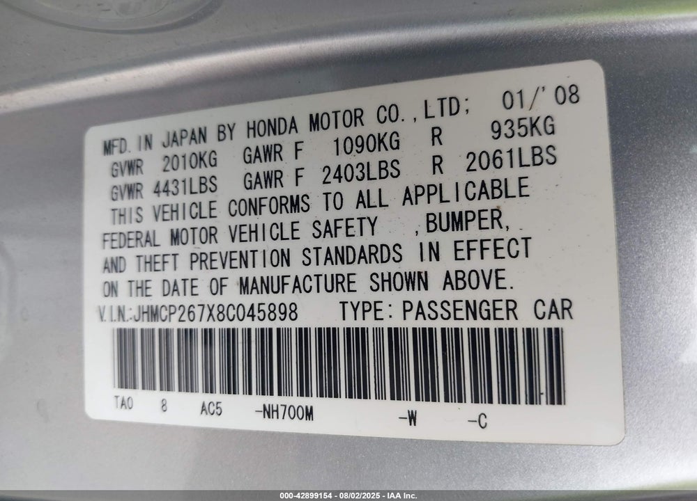 2008 HONDA ACCORD 2.4 EX VIN: JHMCP267X8C045898